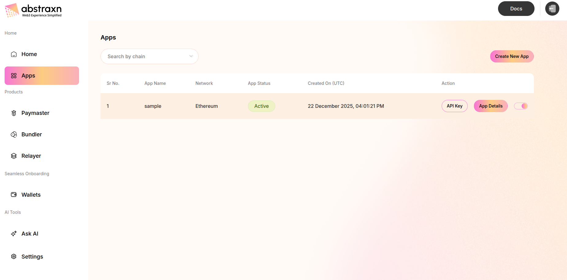 Apps page with Create New App button