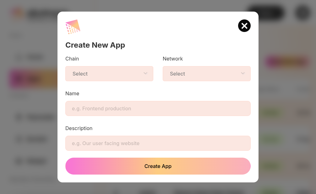 Create New App modal form