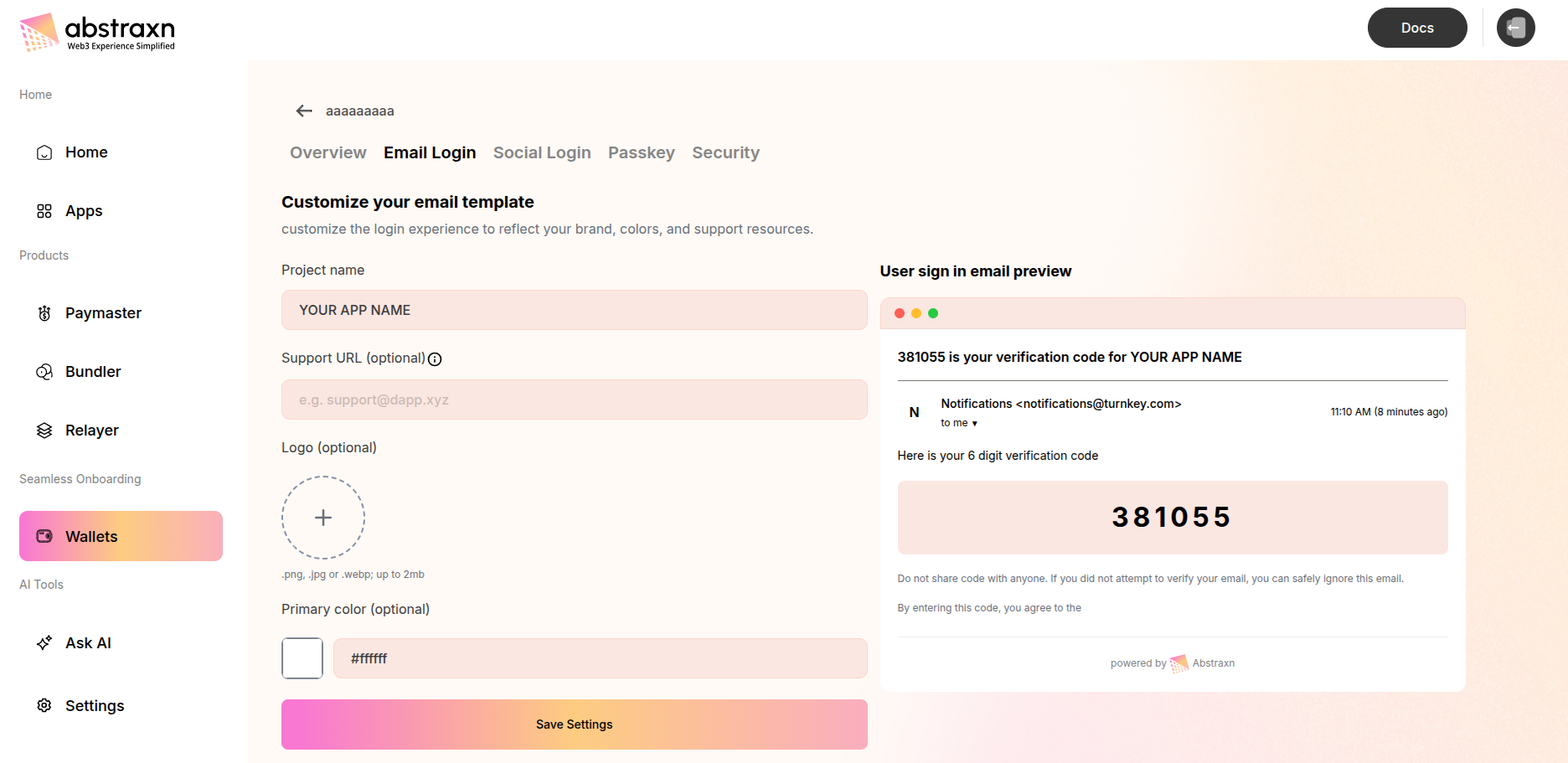 Email Login customization settings page