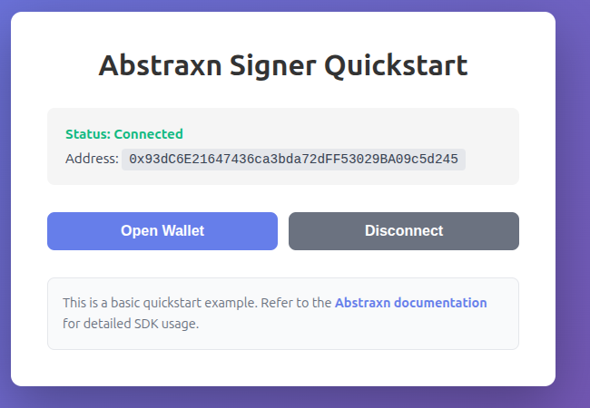Connected wallet interface showing status, address, and action buttons