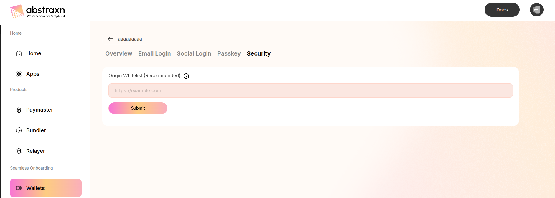 Security settings page showing Origin Whitelist configuration