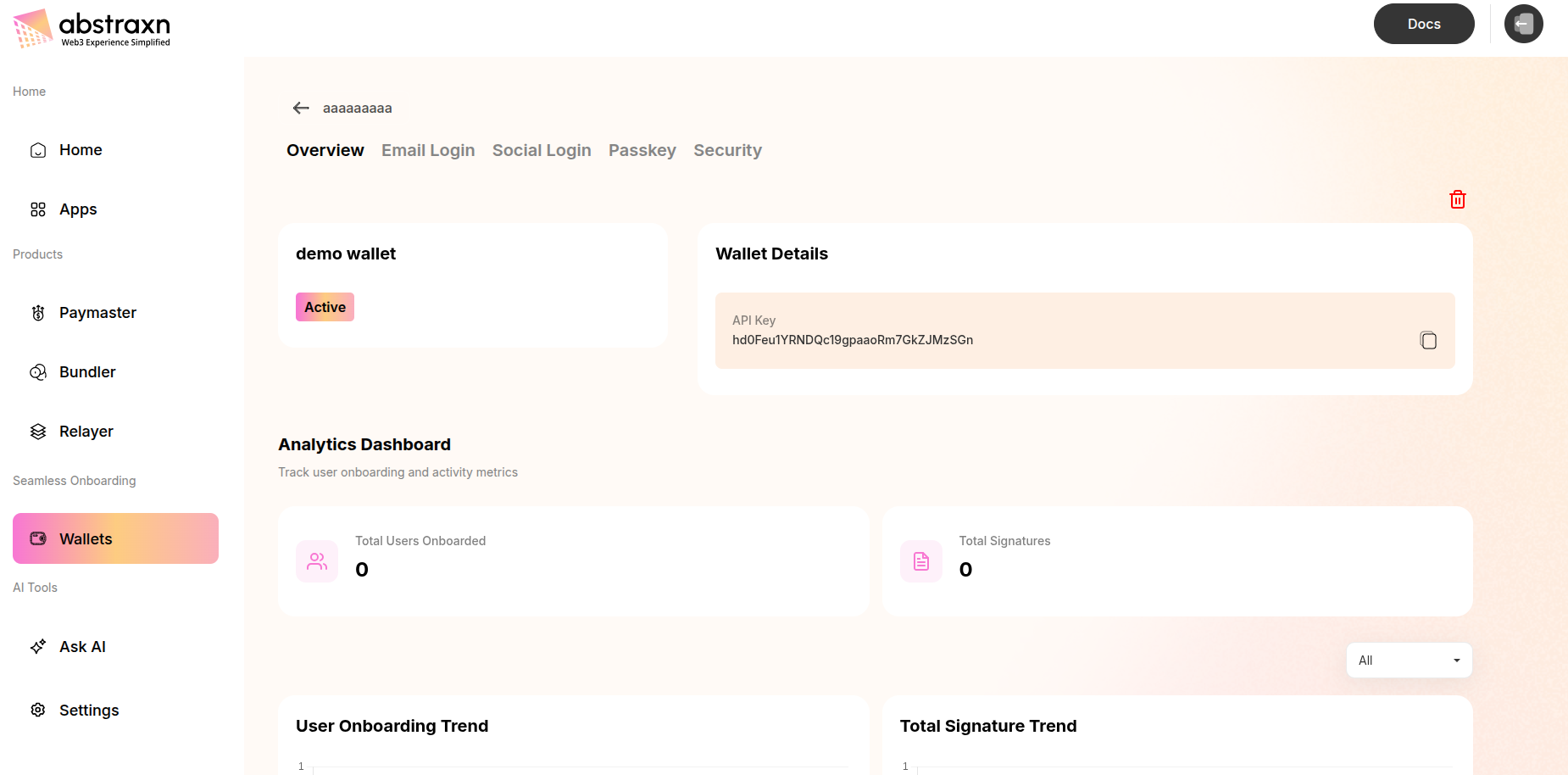 Wallet details page showing API Key