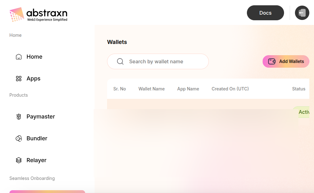 Wallets page with Add Wallets button